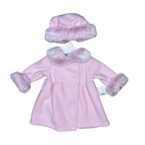 NEW Starting Out Pink Fur Trim Pea Coat + Matching Hat set 6 months NWT